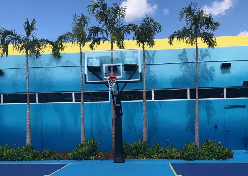 Un panier de basket sur un terrain professionnel.